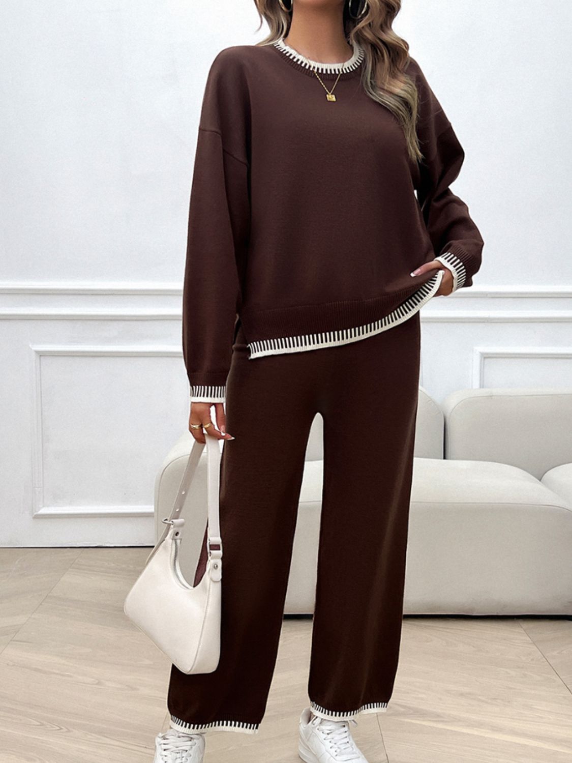 Conjunto de suéter y pantalón con hombros caídos y cuello redondo Devine