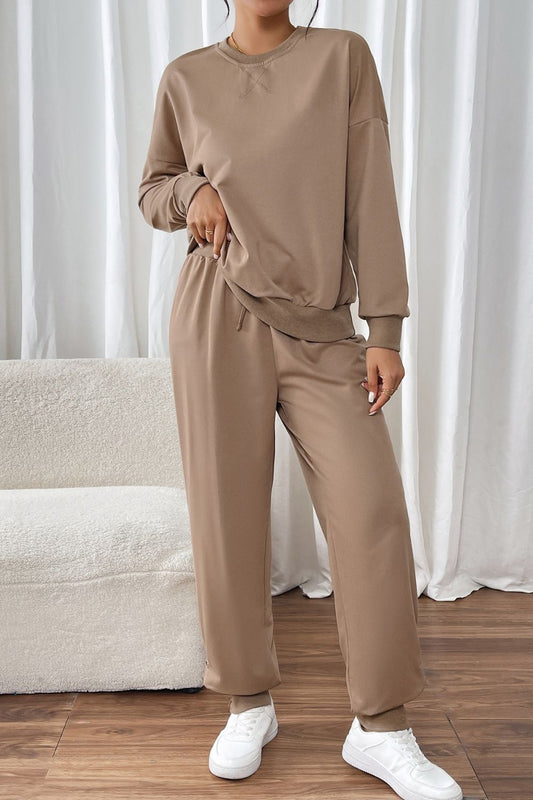 Conjunto de pantalón y top de manga larga con cuello redondo Perfee