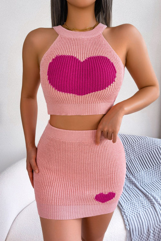 Conjunto de falda y top de punto sin mangas con canalé en contraste de corazón