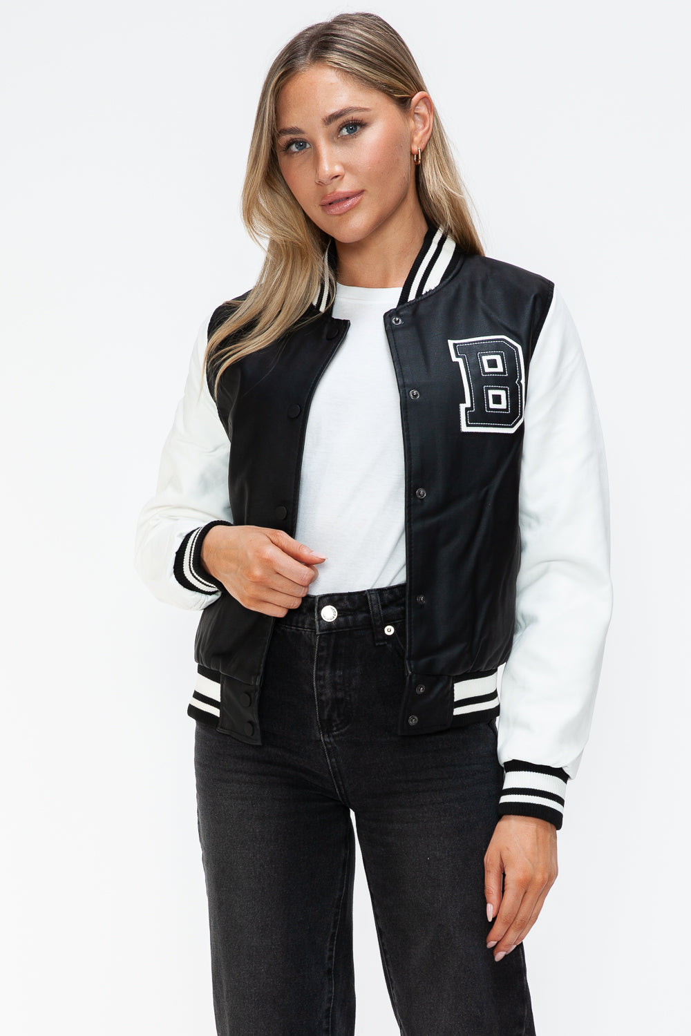Chaqueta bomber con botones a presión en contraste de cuero sintético Love Me Now