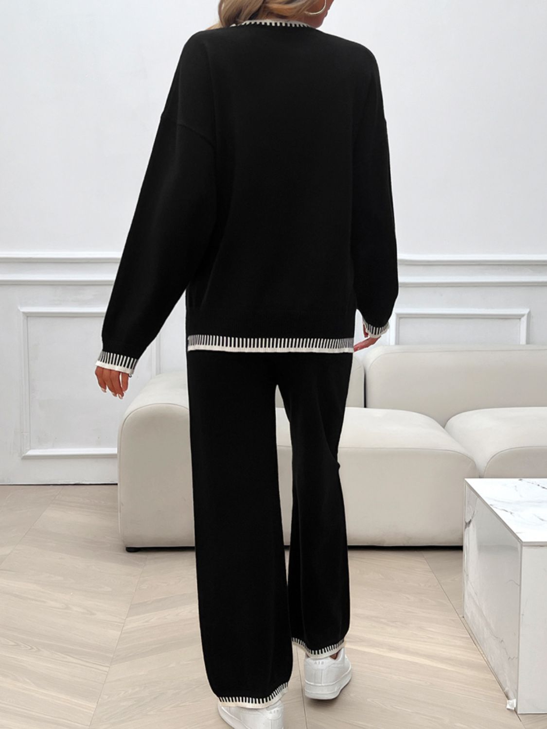 Conjunto de suéter y pantalón con hombros caídos y cuello redondo Devine
