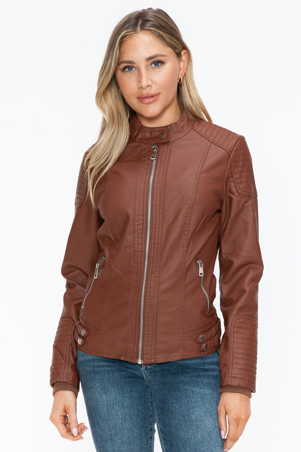 Chaqueta de motociclista de piel sintética estilo snob con bolsillos laterales con cremallera