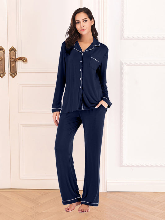 Conjunto de ropa de estar por casa con cuello alto, manga larga y bolsillos
