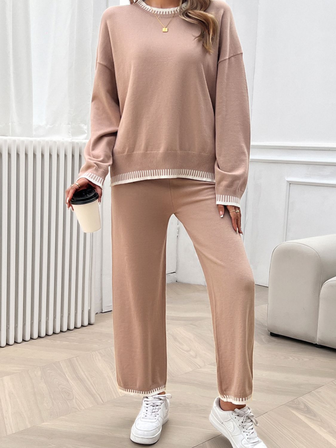 Conjunto de suéter y pantalón con hombros caídos y cuello redondo Devine