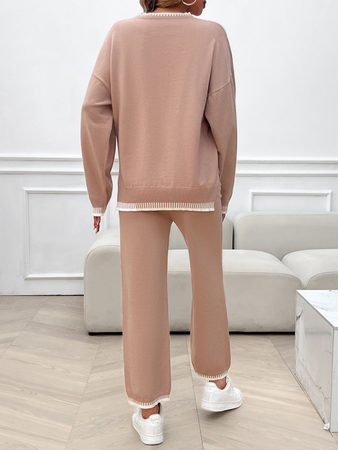Conjunto de suéter y pantalón con hombros caídos y cuello redondo Devine