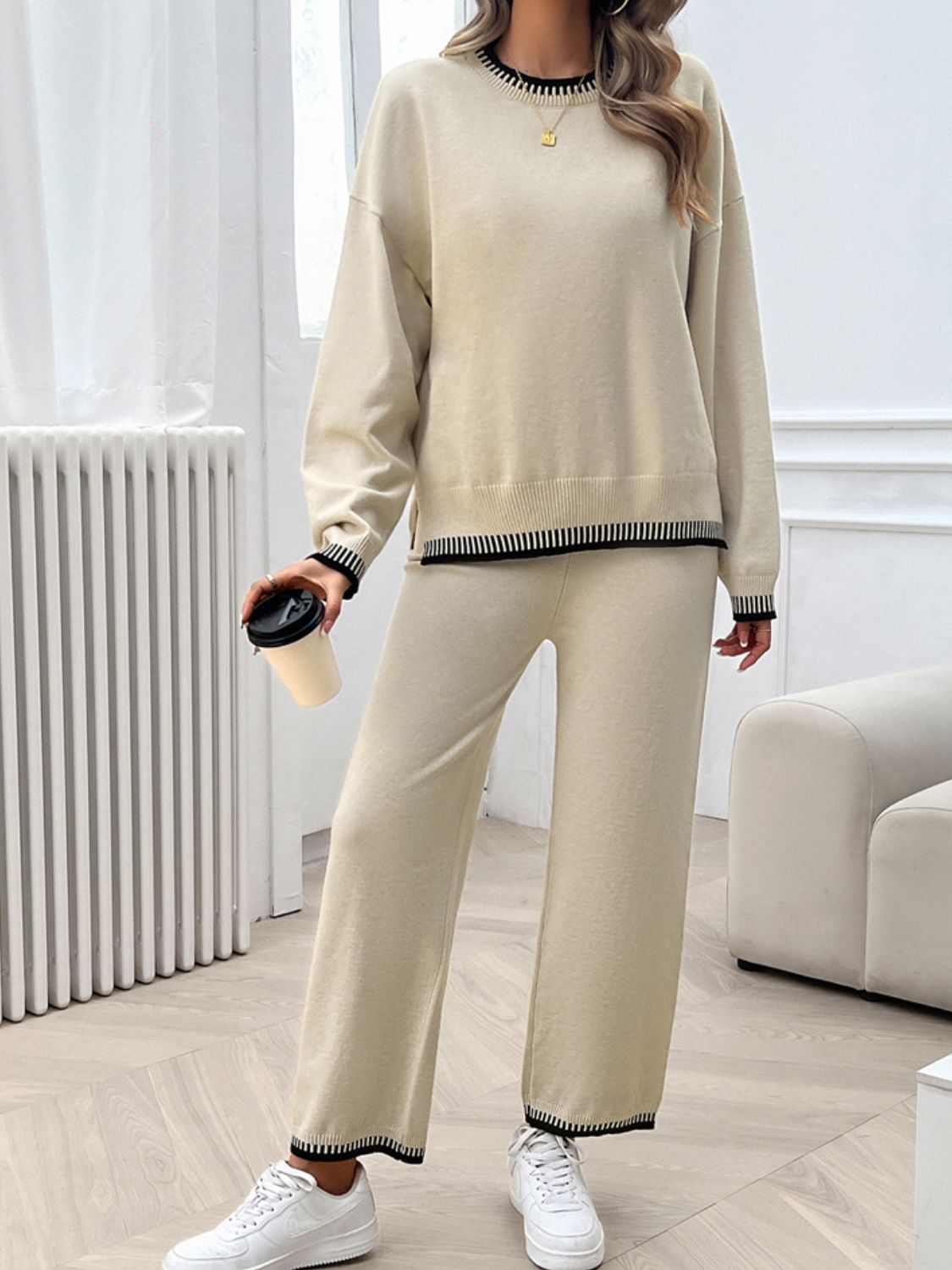 Conjunto de suéter y pantalón con hombros caídos y cuello redondo Devine