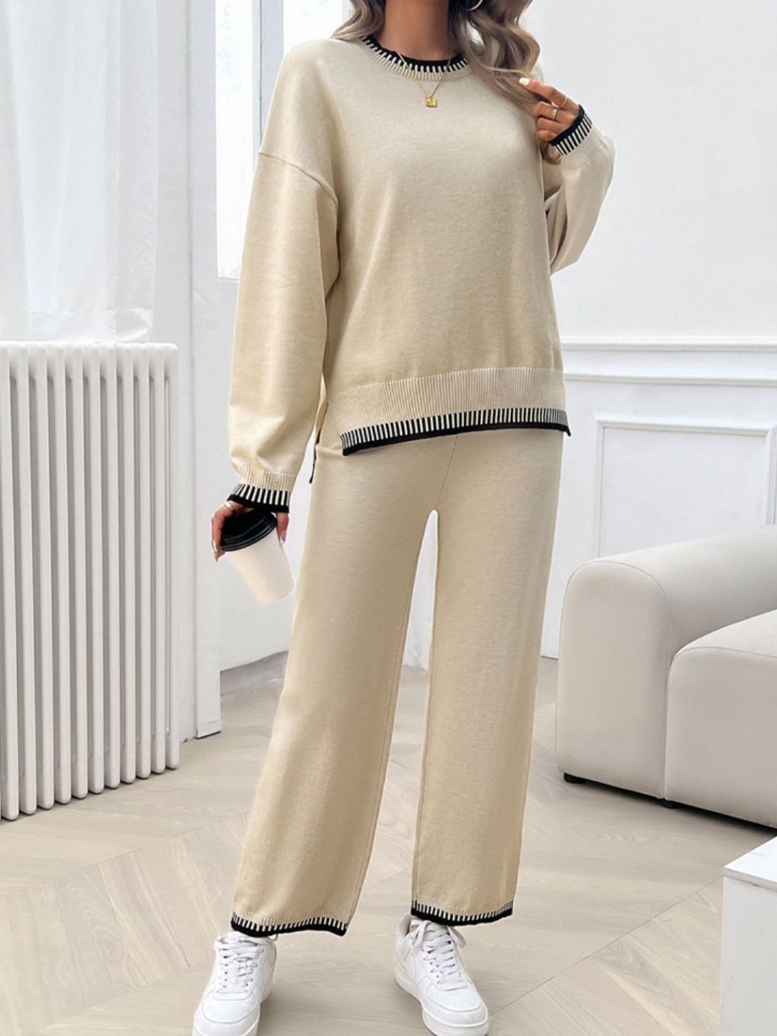 Conjunto de suéter y pantalón con hombros caídos y cuello redondo Devine