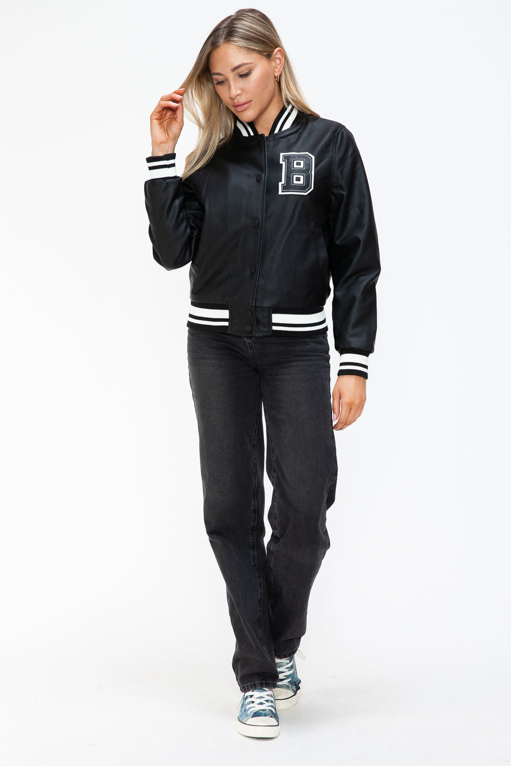 Chaqueta bomber con botones a presión en contraste de cuero sintético Love Me Now