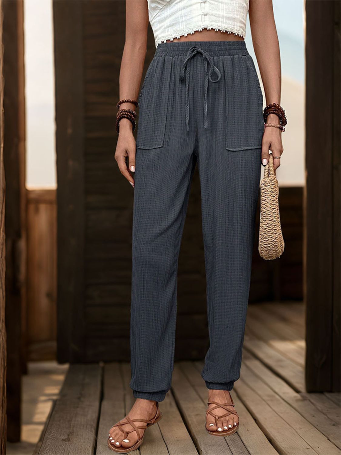 Pantalones deportivos de cintura alta con textura Perfee