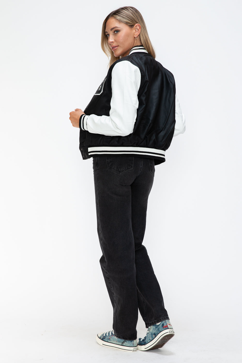 Chaqueta bomber con botones a presión en contraste de cuero sintético Love Me Now