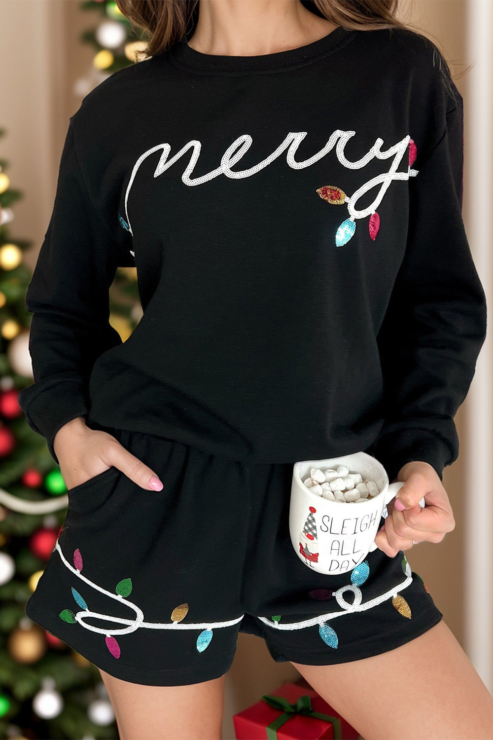 Conjunto de top y pantalones cortos de manga larga con cuello redondo y lentejuelas MERRY