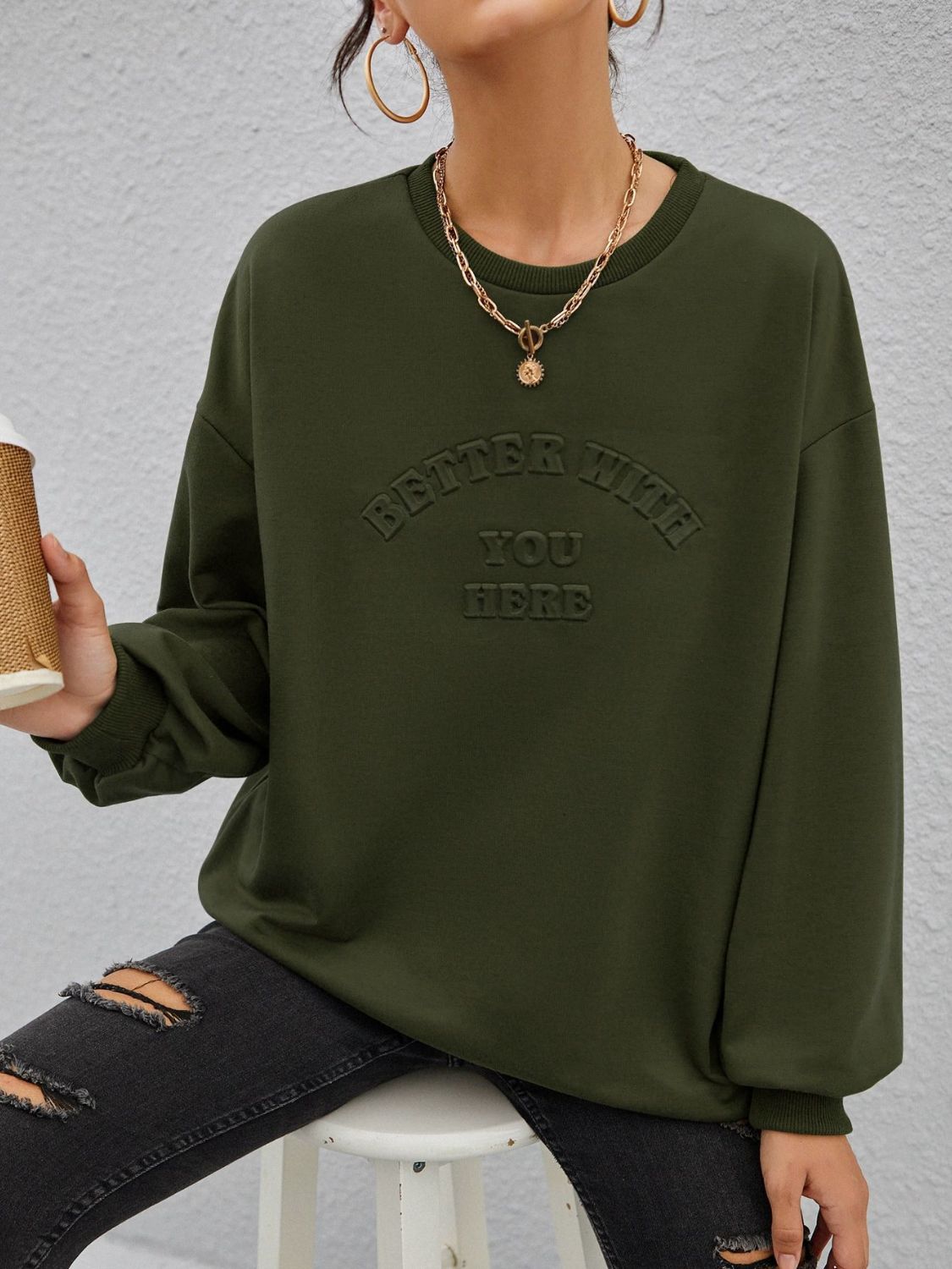 Sudadera de manga larga con cuello redondo y letras estereoscópicas