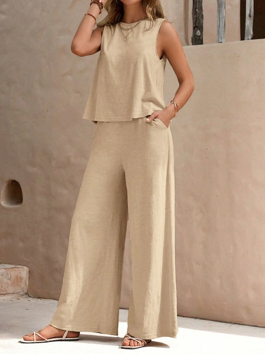 Conjunto de top sin mangas con cuello redondo y pantalones de pierna ancha