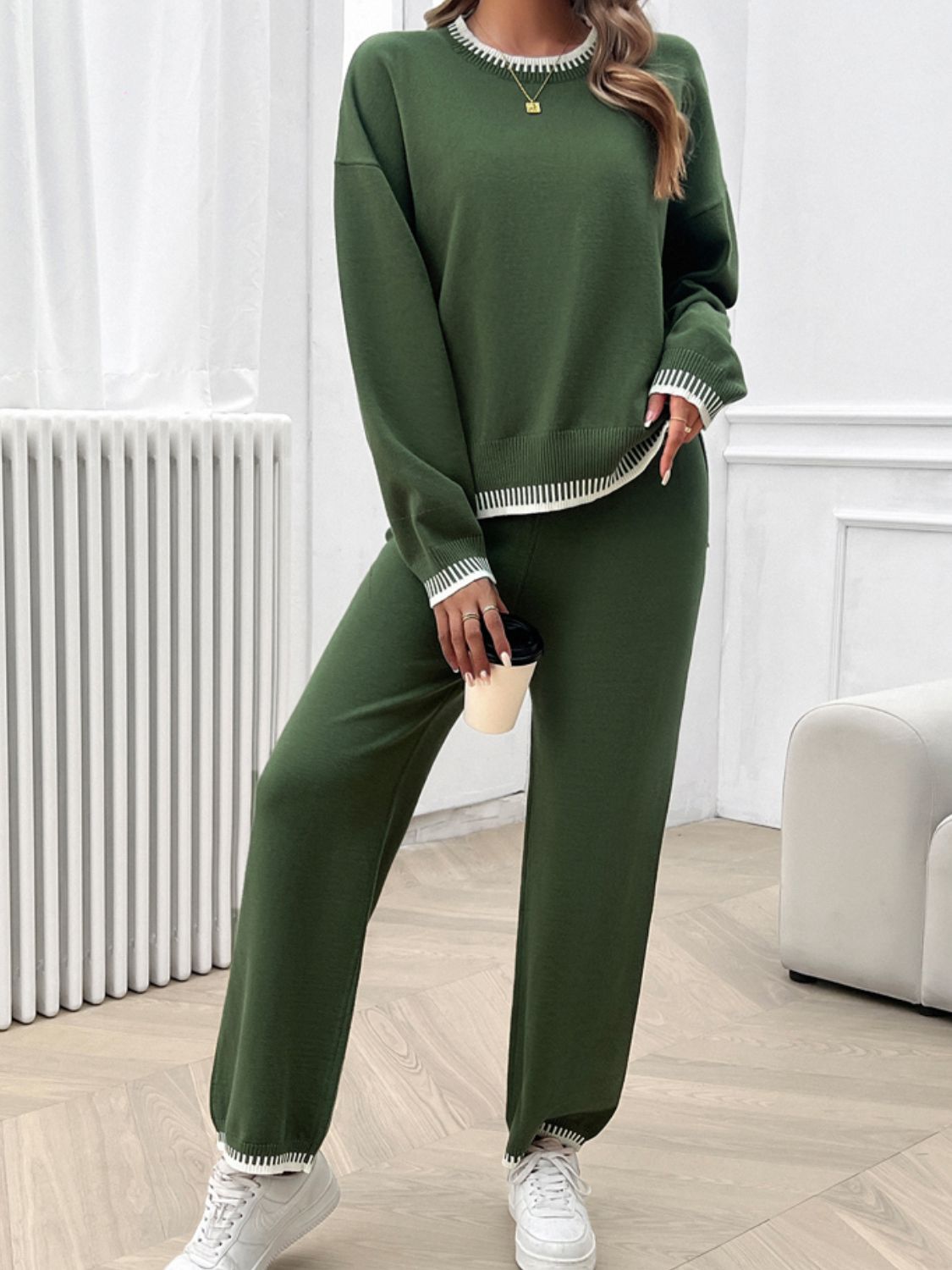 Conjunto de suéter y pantalón con hombros caídos y cuello redondo Devine