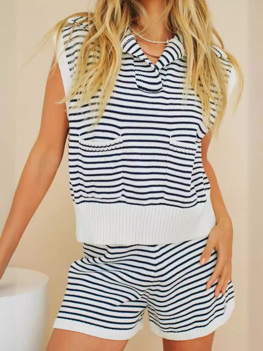 Conjunto de suéter con manga corta y pantalones cortos a rayas