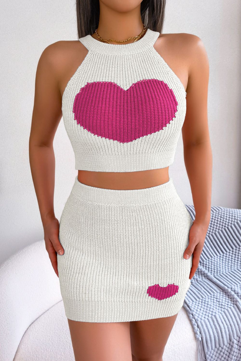 Conjunto de falda y top de punto sin mangas con canalé en contraste de corazón