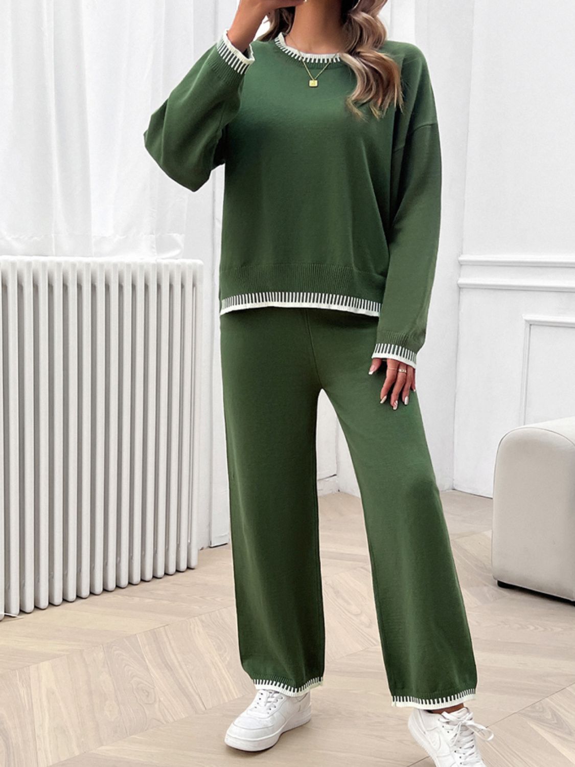Conjunto de suéter y pantalón con hombros caídos y cuello redondo Devine