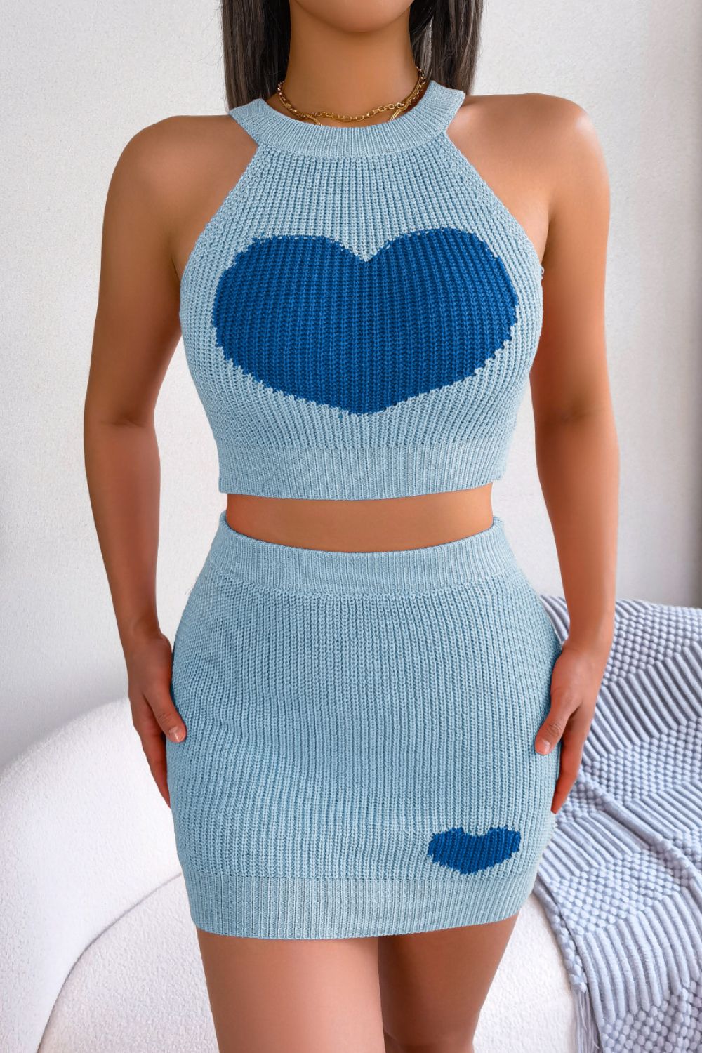 Conjunto de falda y top de punto sin mangas con canalé en contraste de corazón